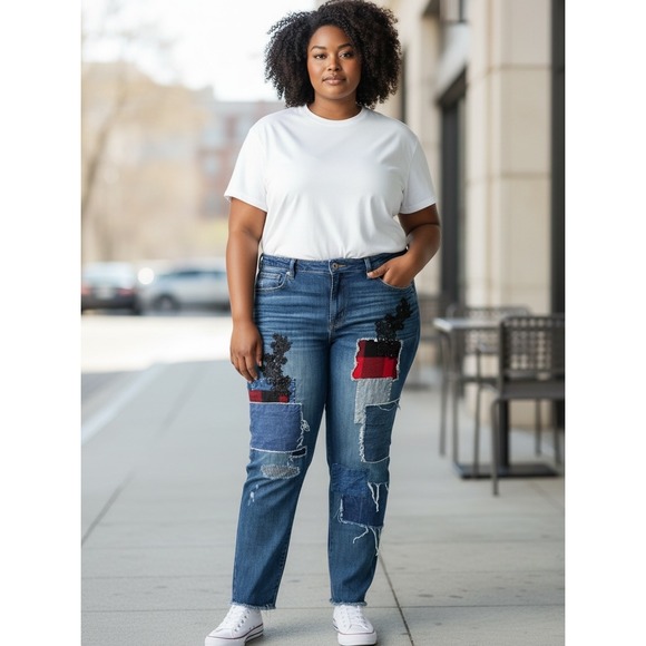 Lauren Ralph Lauren Denim - Lauren Ralph Lauren Patchwork Lace Plaid Straight Leg Jeans Blue 14W Plus Size